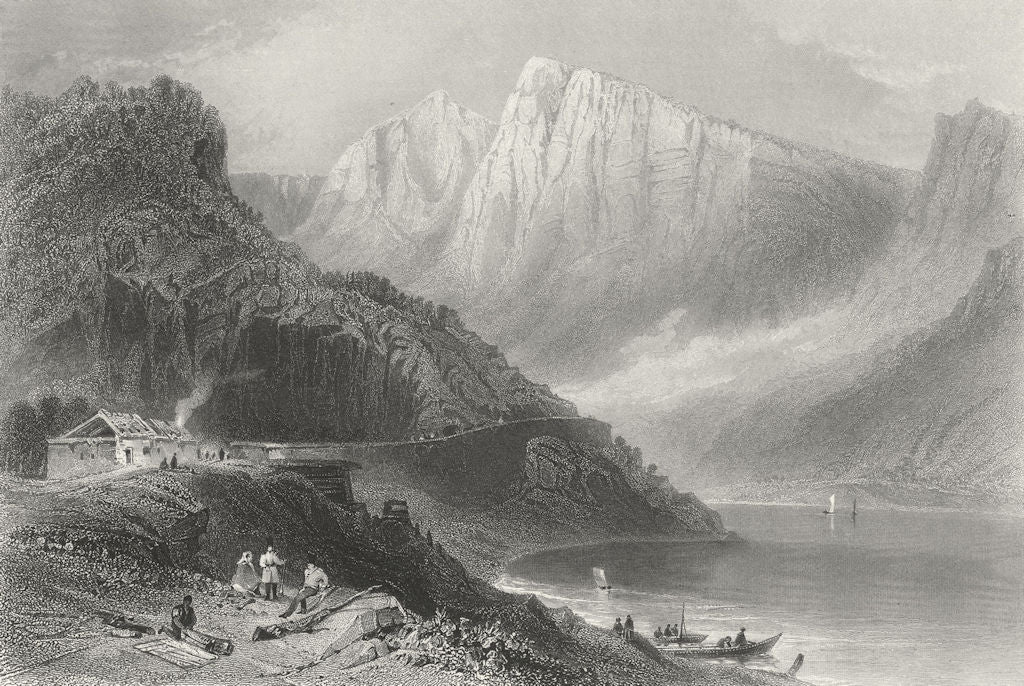 CAZANE. Iron gorge river boat tree Mtns building 1840 old antique print